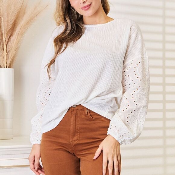 White Off-Shoulder Eyelet Sleeve Top Eyelet Drop Shoulder Women's ShirLarge - Picture 3 of 6